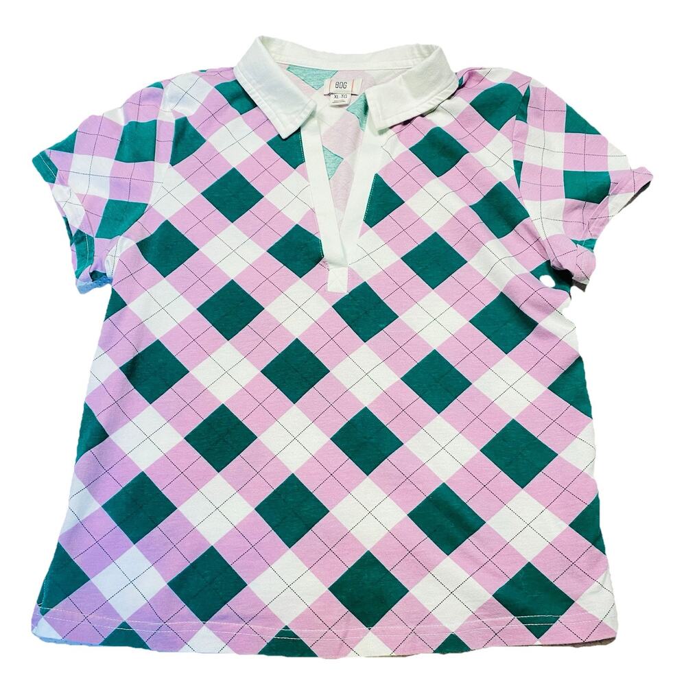 Urban Outfitters UO BDG Preppy Pink Green White Checkered Short Sleeve‎ Top XL
